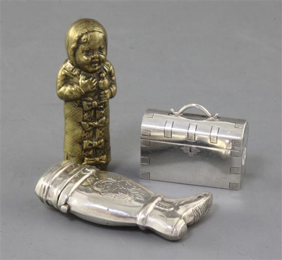A Victorian novelty silver pill or snuff box modelled as a trunk, by William Hunter, 1846, a novelty continental